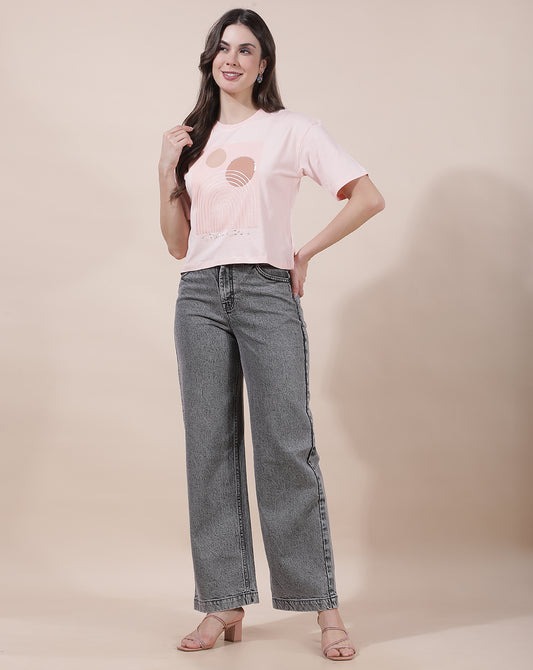 T-Shirt for Women l Breathable & Soft with Color Fastness Regular Fit Round Neck Cotton Blend Fabric Printed Pattern