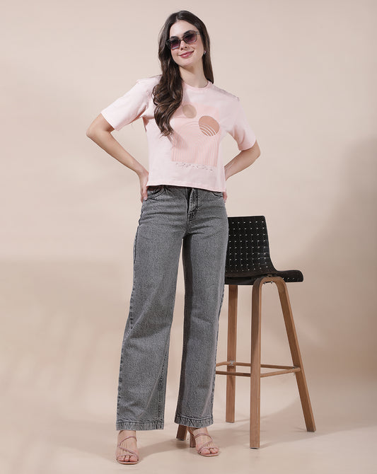 T-Shirt for Women l Breathable & Soft with Color Fastness Regular Fit Round Neck Cotton Blend Fabric Printed Pattern