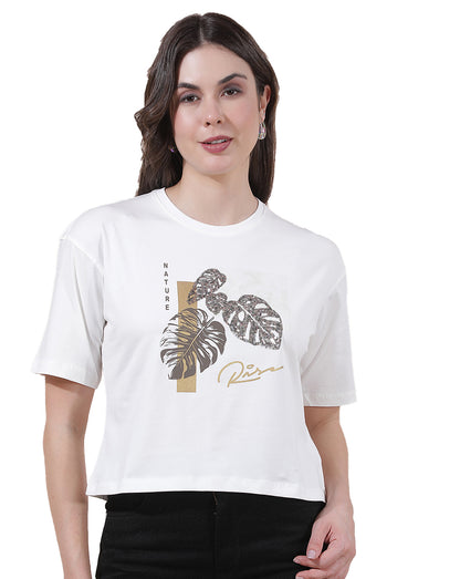 T-Shirt for Women l Breathable & Soft with Color Fastness Regular Fit Round Neck Cotton Blend Fabric Embroidered Pattern