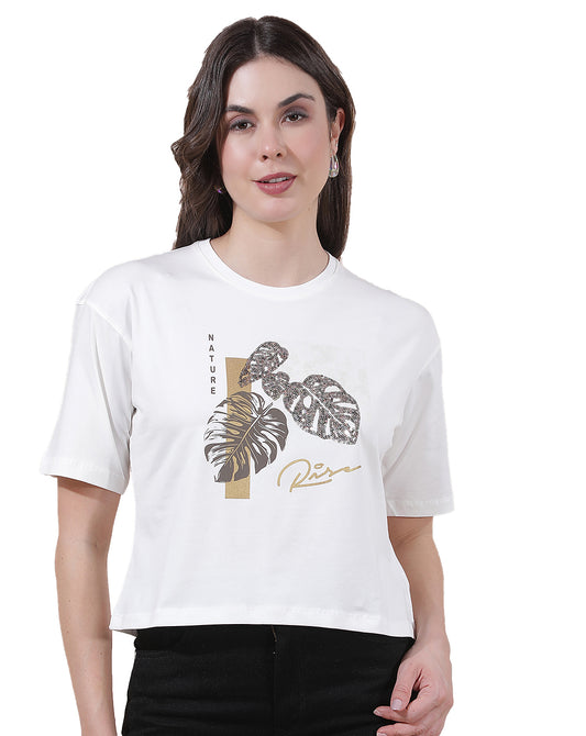 T-Shirt for Women l Breathable & Soft with Color Fastness Regular Fit Round Neck Cotton Blend Fabric Embroidered Pattern