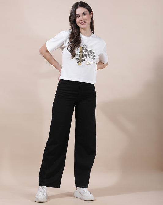 T-Shirt for Women l Breathable & Soft with Color Fastness Regular Fit Round Neck Cotton Blend Fabric Embroidered Pattern