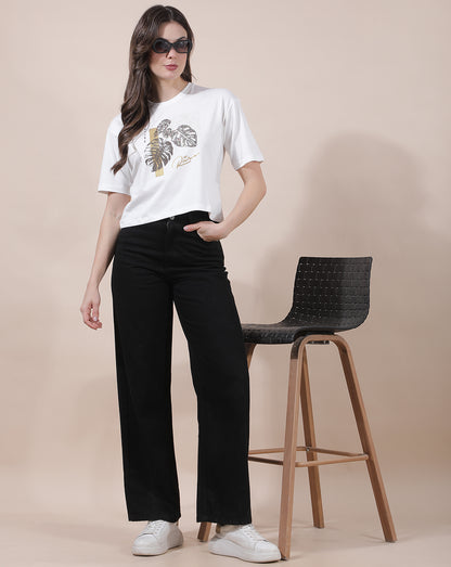 T-Shirt for Women l Breathable & Soft with Color Fastness Regular Fit Round Neck Cotton Blend Fabric Embroidered Pattern