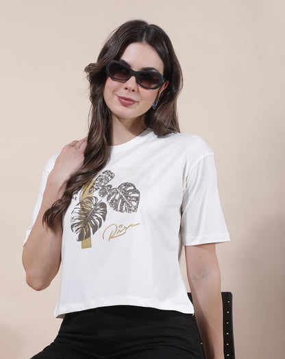 T-Shirt for Women l Breathable & Soft with Color Fastness Regular Fit Round Neck Cotton Blend Fabric Embroidered Pattern