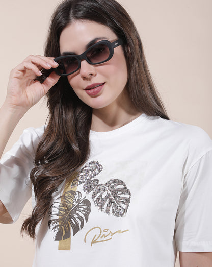 T-Shirt for Women l Breathable & Soft with Color Fastness Regular Fit Round Neck Cotton Blend Fabric Embroidered Pattern
