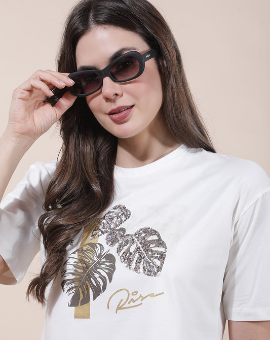 T-Shirt for Women l Breathable & Soft with Color Fastness Regular Fit Round Neck Cotton Blend Fabric Embroidered Pattern