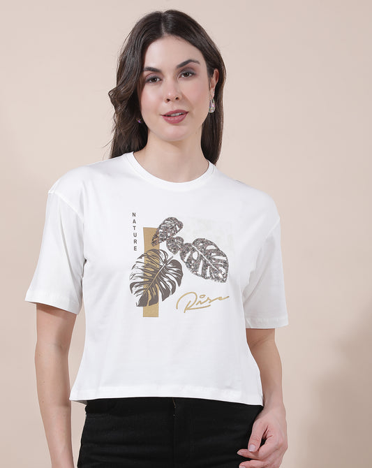 T-Shirt for Women l Breathable & Soft with Color Fastness Regular Fit Round Neck Cotton Blend Fabric Embroidered Pattern