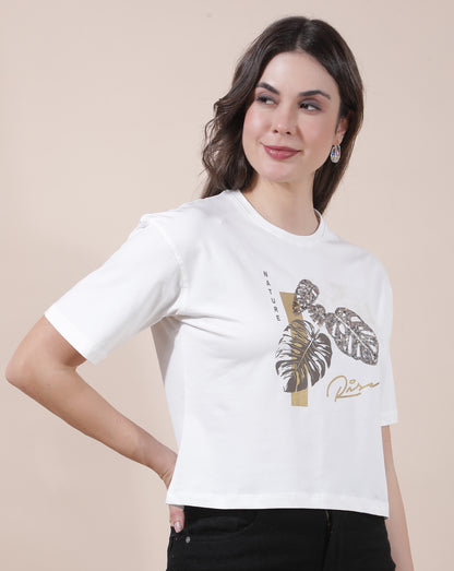 T-Shirt for Women l Breathable & Soft with Color Fastness Regular Fit Round Neck Cotton Blend Fabric Embroidered Pattern