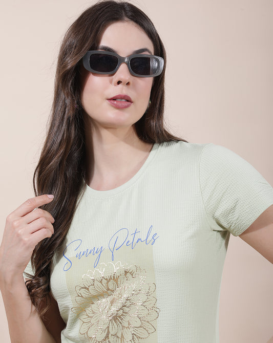 T-Shirt for Women l Breathable & Soft with Color Fastness Regular Fit Round Neck Poly Cotton Fabric Printed Pattern