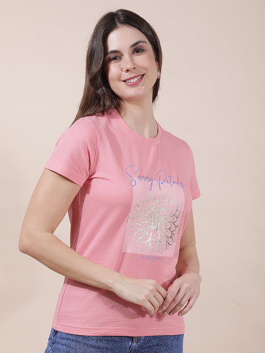 T-Shirt for Women l Breathable & Soft with Color Fastness Regular Fit Round Neck Poly Cotton Fabric Printed Pattern
