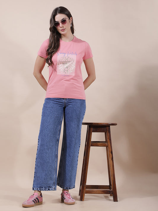 T-Shirt for Women l Breathable & Soft with Color Fastness Regular Fit Round Neck Poly Cotton Fabric Printed Pattern