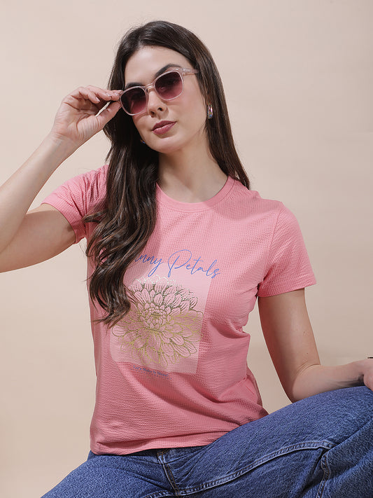 T-Shirt for Women l Breathable & Soft with Color Fastness Regular Fit Round Neck Poly Cotton Fabric Printed Pattern