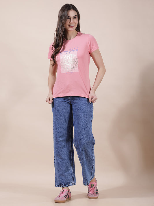 T-Shirt for Women l Breathable & Soft with Color Fastness Regular Fit Round Neck Poly Cotton Fabric Printed Pattern