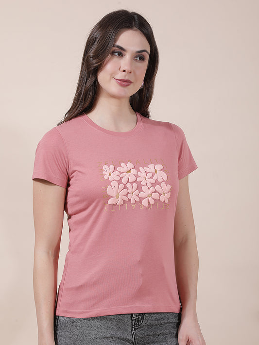 T-Shirt for Women l Breathable & Soft with Color Fastness Regular Fit Round Neck Poly Cotton Fabric Printed Pattern