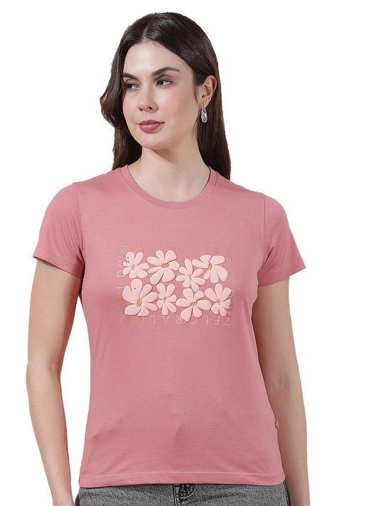 T-Shirt for Women l Breathable & Soft with Color Fastness Regular Fit Round Neck Poly Cotton Fabric Printed Pattern