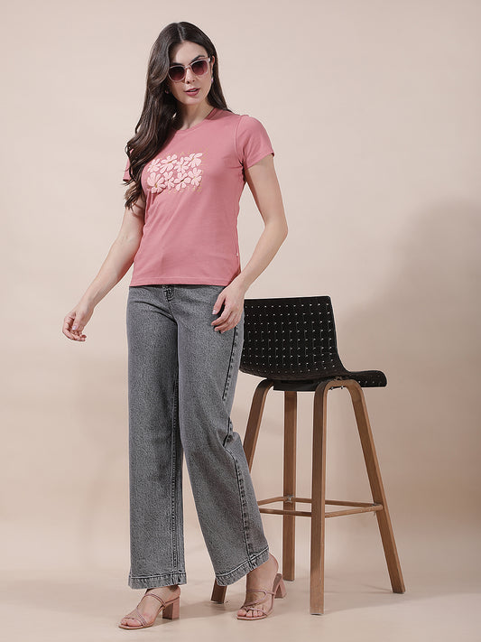 T-Shirt for Women l Breathable & Soft with Color Fastness Regular Fit Round Neck Poly Cotton Fabric Printed Pattern