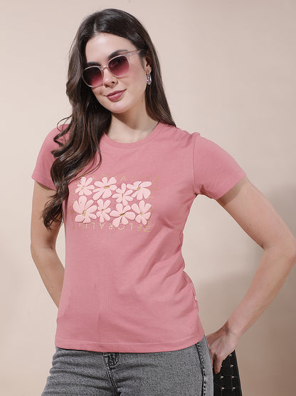 T-Shirt for Women l Breathable & Soft with Color Fastness Regular Fit Round Neck Poly Cotton Fabric Printed Pattern