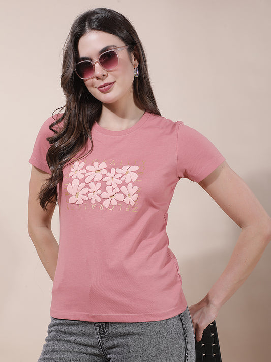 T-Shirt for Women l Breathable & Soft with Color Fastness Regular Fit Round Neck Poly Cotton Fabric Printed Pattern