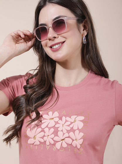 T-Shirt for Women l Breathable & Soft with Color Fastness Regular Fit Round Neck Poly Cotton Fabric Printed Pattern