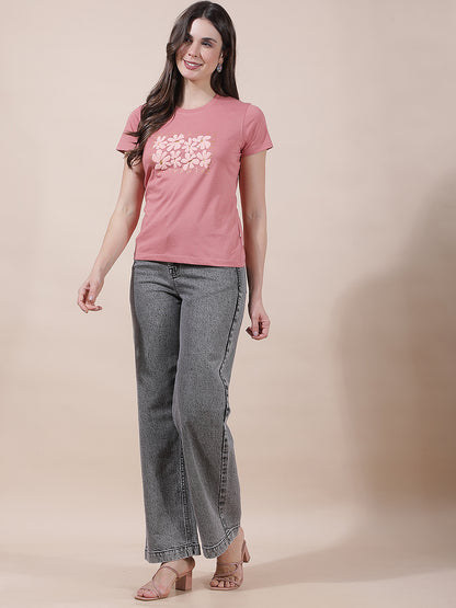 T-Shirt for Women l Breathable & Soft with Color Fastness Regular Fit Round Neck Poly Cotton Fabric Printed Pattern