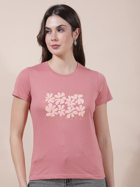 T-Shirt for Women l Breathable & Soft with Color Fastness Regular Fit Round Neck Poly Cotton Fabric Printed Pattern