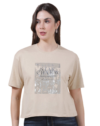 T-Shirt for Women l Breathable & Soft with Color Fastness Regular Fit Round Neck Poly Cotton Fabric Printed Pattern