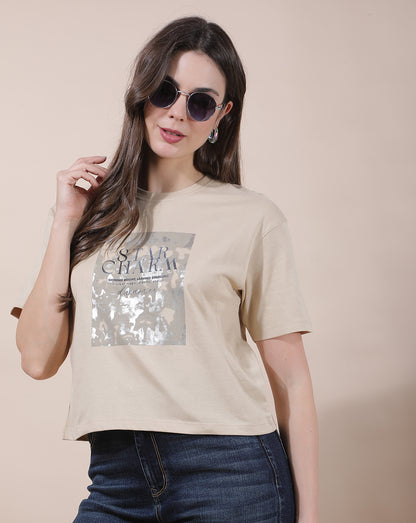 T-Shirt for Women l Breathable & Soft with Color Fastness Regular Fit Round Neck Poly Cotton Fabric Printed Pattern