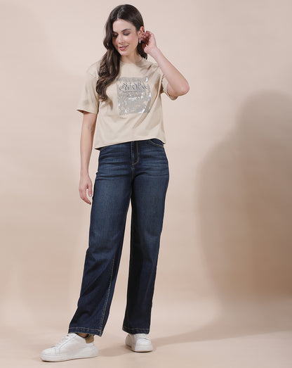 T-Shirt for Women l Breathable & Soft with Color Fastness Regular Fit Round Neck Poly Cotton Fabric Printed Pattern