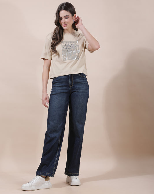 T-Shirt for Women l Breathable & Soft with Color Fastness Regular Fit Round Neck Poly Cotton Fabric Printed Pattern