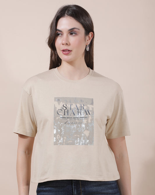 T-Shirt for Women l Breathable & Soft with Color Fastness Regular Fit Round Neck Poly Cotton Fabric Printed Pattern