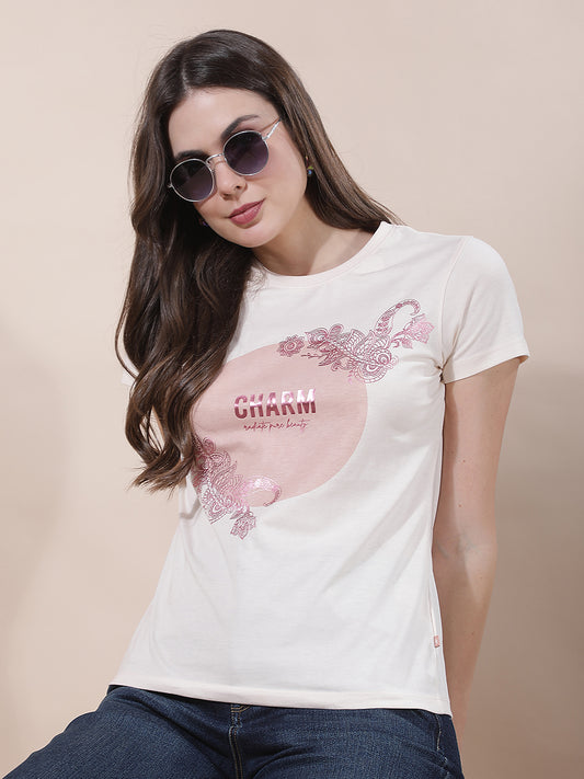 T-Shirt for Women l Breathable & Soft with Color Fastness Regular Fit Round Neck Poly Cotton Fabric Printed Pattern