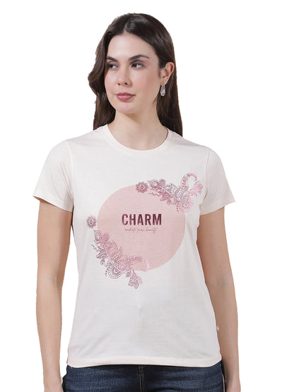 T-Shirt for Women l Breathable & Soft with Color Fastness Regular Fit Round Neck Poly Cotton Fabric Printed Pattern