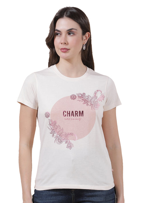 T-Shirt for Women l Breathable & Soft with Color Fastness Regular Fit Round Neck Poly Cotton Fabric Printed Pattern