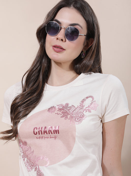 T-Shirt for Women l Breathable & Soft with Color Fastness Regular Fit Round Neck Poly Cotton Fabric Printed Pattern