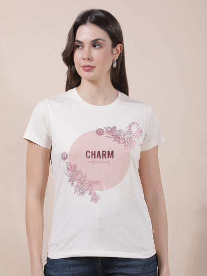 T-Shirt for Women l Breathable & Soft with Color Fastness Regular Fit Round Neck Poly Cotton Fabric Printed Pattern