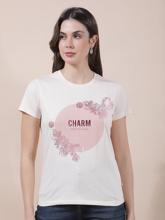 T-Shirt for Women l Breathable & Soft with Color Fastness Regular Fit Round Neck Poly Cotton Fabric Printed Pattern