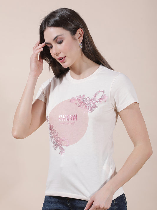 T-Shirt for Women l Breathable & Soft with Color Fastness Regular Fit Round Neck Poly Cotton Fabric Printed Pattern