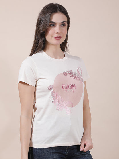T-Shirt for Women l Breathable & Soft with Color Fastness Regular Fit Round Neck Poly Cotton Fabric Printed Pattern