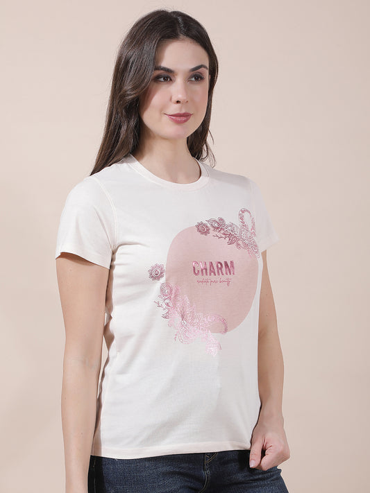 T-Shirt for Women l Breathable & Soft with Color Fastness Regular Fit Round Neck Poly Cotton Fabric Printed Pattern