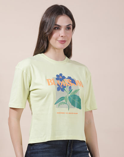 T-Shirt for Women l Breathable & Soft with Color Fastness Regular Fit Round Neck Poly Cotton Fabric Printed Pattern