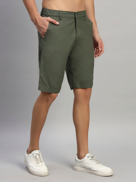 Men's Solid Olive Green Regular Fit Casual Bermuda