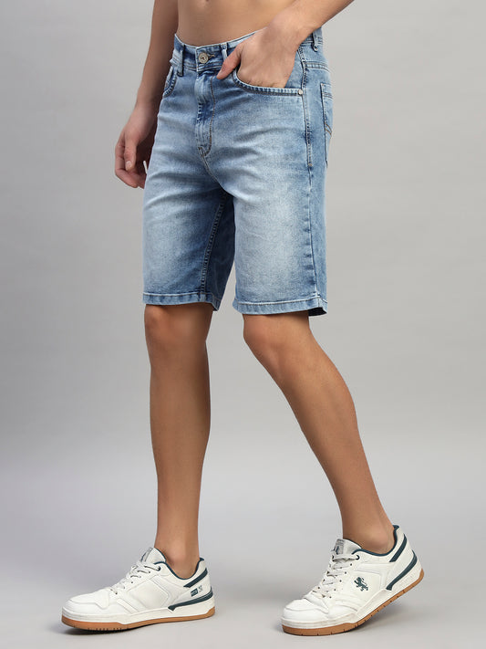 Men's Solid Denim Blue Regular Fit Casual Bermuda