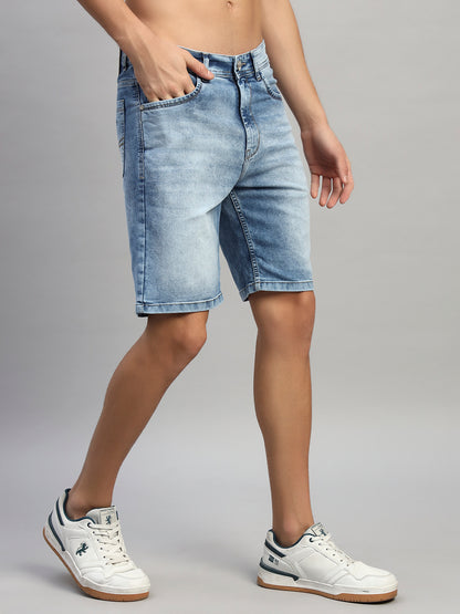 Men's Solid Denim Blue Regular Fit Casual Bermuda
