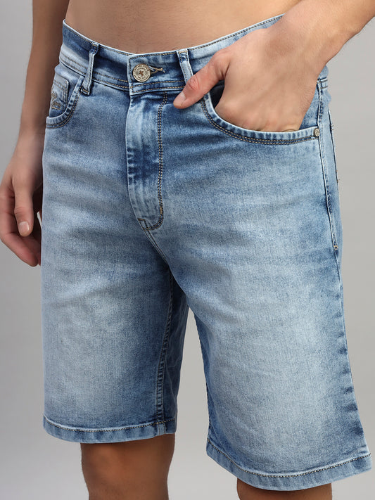 Men's Solid Denim Blue Regular Fit Casual Bermuda