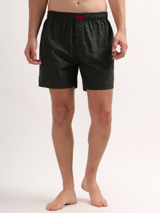 Men's Olive Regular Fit Printed Boxer