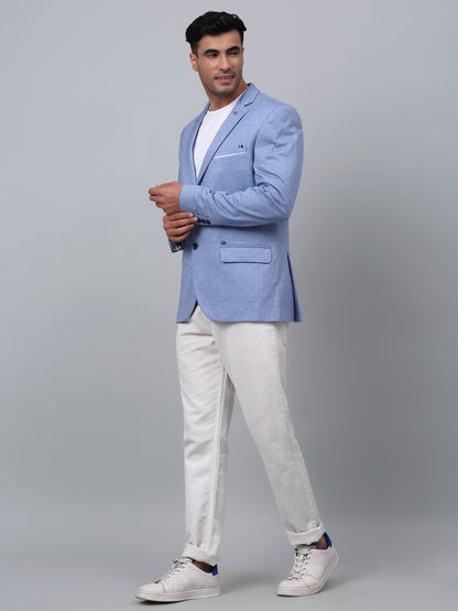 Blue Solid Plain Full Sleeves Casual Blazer For Men