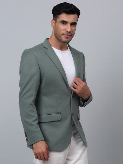 Olive Green Solid Full Sleeves Casual Blazer For Men