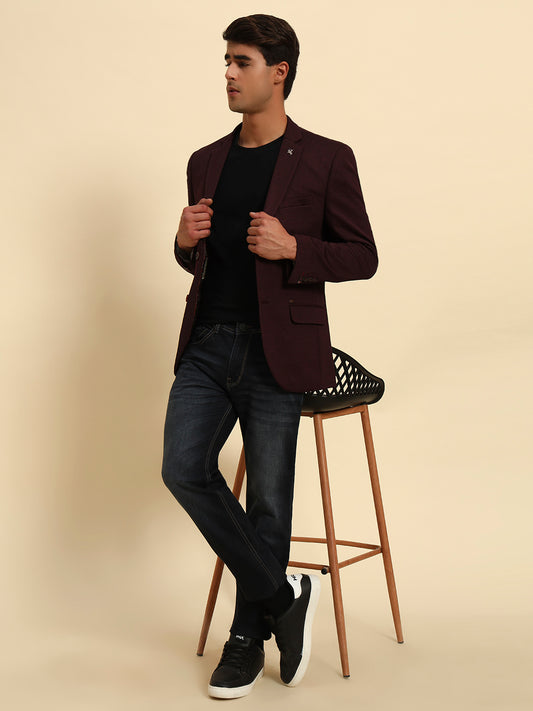 Wine Self-Design Slim Fit Winter Coat | Cantabil