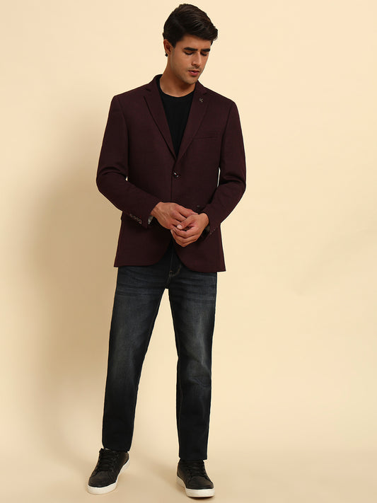 Wine Self-Design Slim Fit Winter Coat | Cantabil