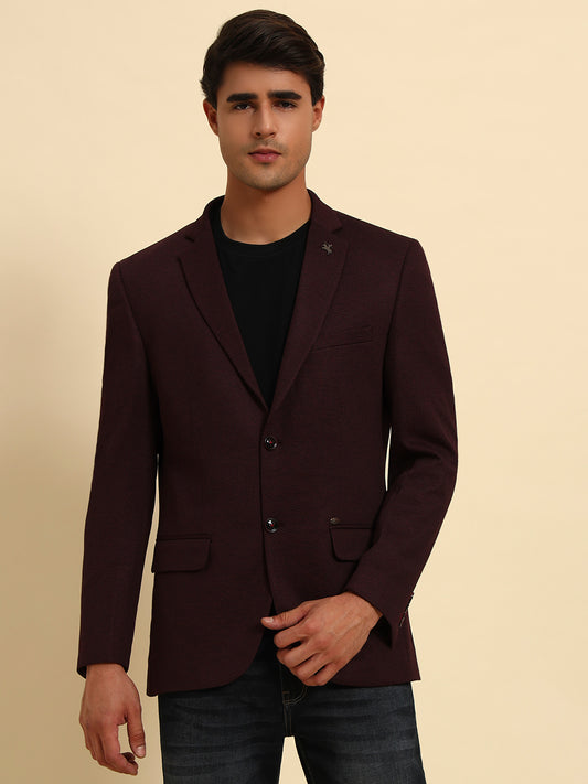 Wine Self-Design Slim Fit Winter Coat | Cantabil
