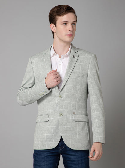 Green Checkered Full Sleeves Casual Blazer For Men